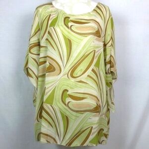 Cara'n NY Tunic Flowy Green Cream Boho 60s Mod Abstract Print Plus Size XXL